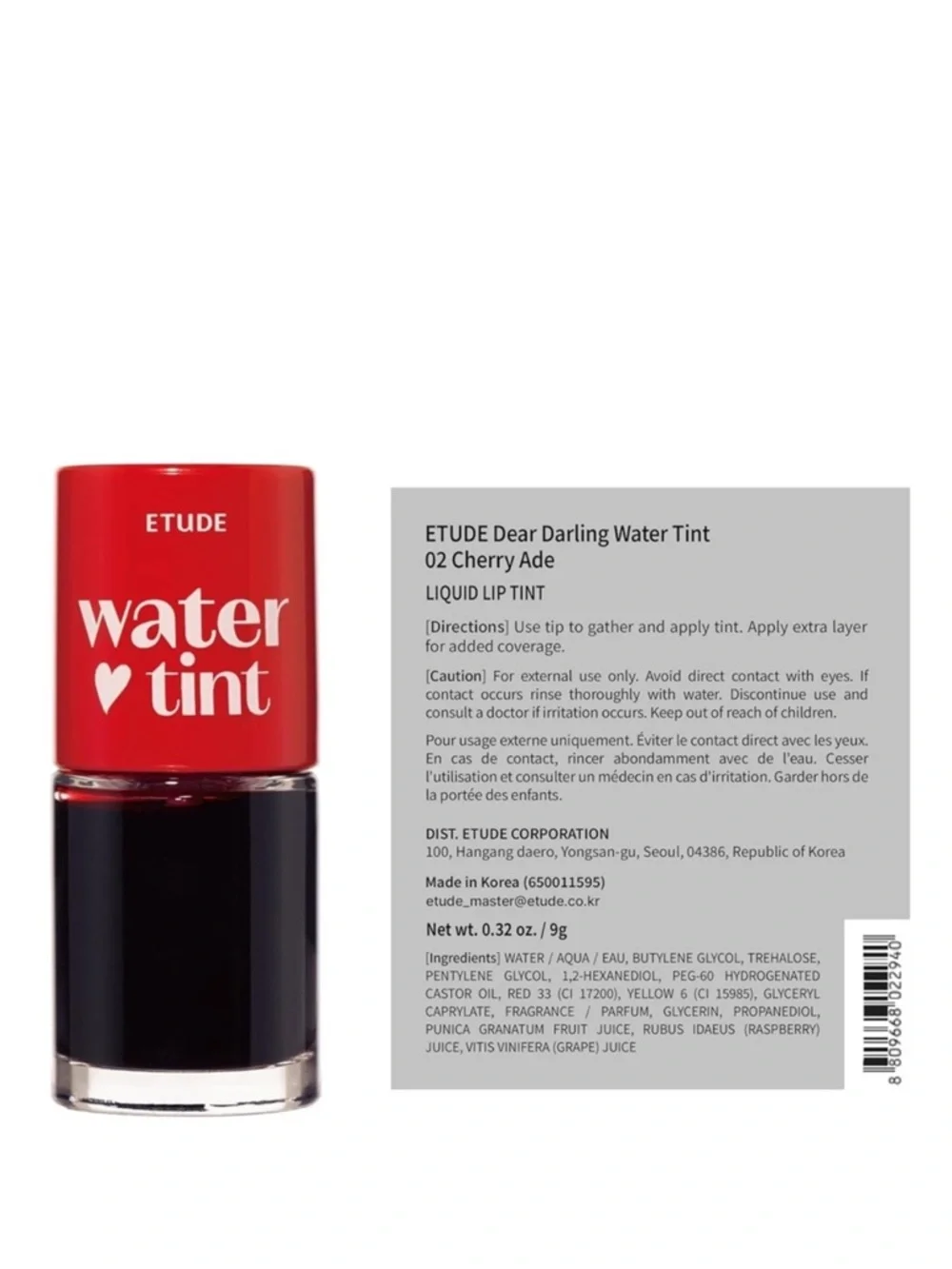 Etude Cherry Ade Dear Darling Water Lip Tint- warm toned red, long lasting